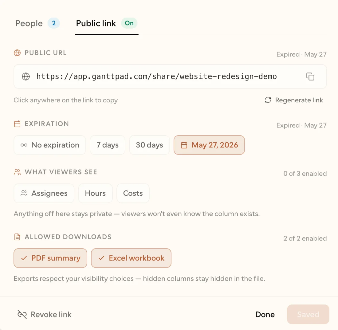 GanttPad public link settings: a share URL with an expiry date, switches for what viewers see, and PDF and Excel downloads